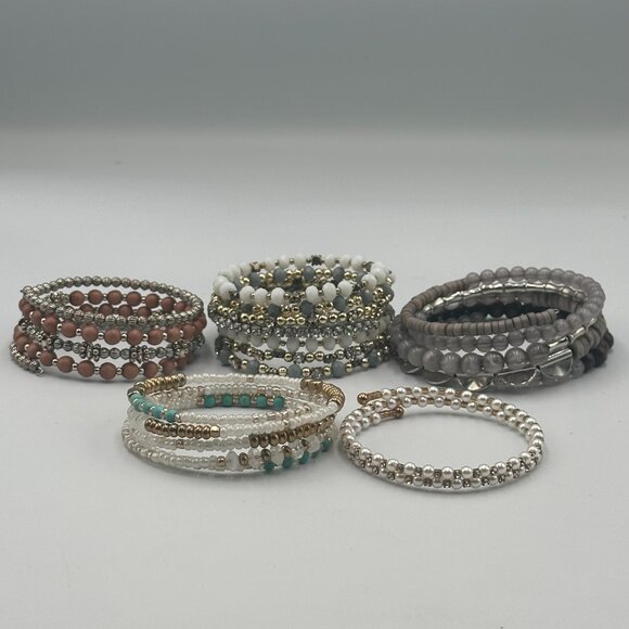Lot of 6 Memory Wire Bracelets Beaded Neutral Metallic Mixed Stretch Boho - Picture 2 of 10